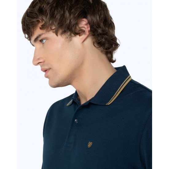 THE BOSTONIANS Men's Regular Fit Cotton Polo Pique Double Stripe Collar PL1151 B690PE Petrol