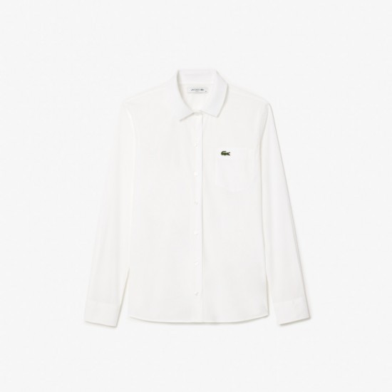 LACOSTE Women's Slim Fit Ribbed Collar Poplin Shirt CF3462 00 001 White