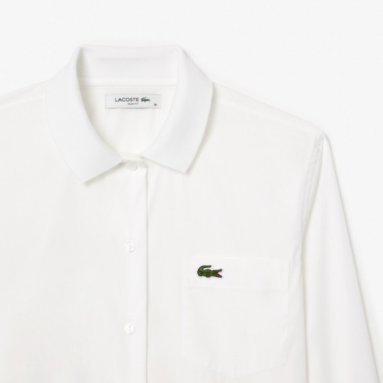 LACOSTE Women's Slim Fit Ribbed Collar Poplin Shirt CF3462 00 001 White