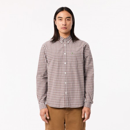 LACOSTE Men's Cotton Regular Fit Poplin Checked Shirt CH6981 00 I5X Brown