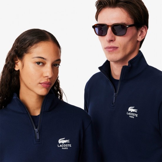 LACOSTE Unisex Regular Fit Cotton Fleece Stand Up Collar Sweatshirt SH2735 00 166 Navy Blue