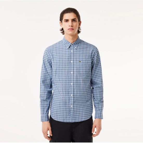 LACOSTE Men's Cotton Regular Fit Checked Poplin Shirt CH6981 00 IR8 Blue