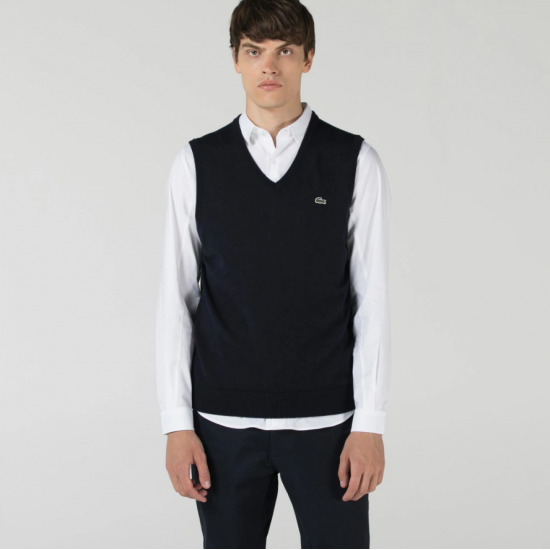 LACOSTE Men's V-Neck Wool Jersey Vest AH2998 00 166 Navy Blue