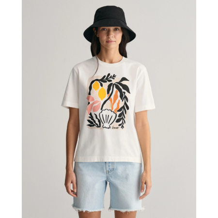 Gant Γυναικείο Βαμβακερό Palm Print T-Shirt Κανονική Γραμμή 4200882 113 Εκρού