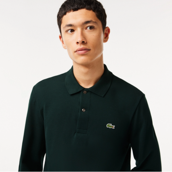 LACOSTE Ανδρική Βαμβακερή Original Μακρυμάνικη Polo Μπλούζα Piqué L.13.12 00 YZP Πράσινο Σκούρο