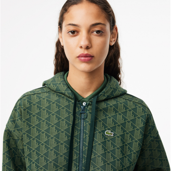 LACOSTE Women's Regular Fit Sweatshirt Hoodie Jacquard Monogram SF7606 00 ICL Khaki