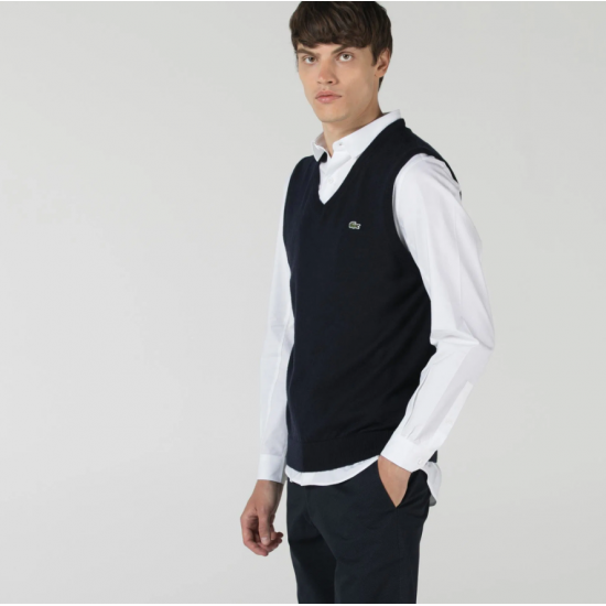 LACOSTE Men's V-Neck Wool Jersey Vest AH2998 00 166 Navy Blue