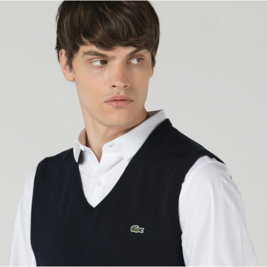 LACOSTE Men's V-Neck Wool Jersey Vest AH2998 00 166 Navy Blue