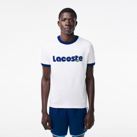 LACOSTE Men's Cotton Regular Fit Print Contrast Accent T-Shirt TH7531 00 F2F White Blue