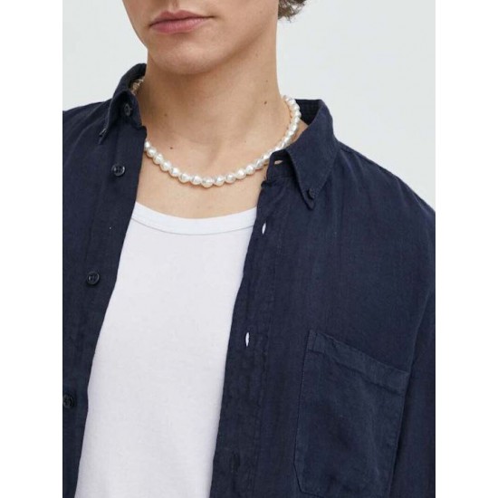 HUGO BOSS Men's Linen Slim Fit  Shirt Ermann 50514162 405 Dark Blue