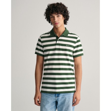 Gant Men's Cotton Regular Fit Wide Striped Piqué Polo Shirt 2013040 313 Pine Green
