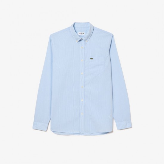 LACOSTE Men's Organic Cotton Regular Fit Gingham Poplin Shirt CH5621 00 F6Z Light Blue