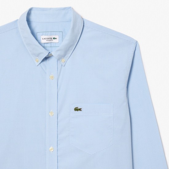 LACOSTE Men's Organic Cotton Regular Fit Gingham Poplin Shirt CH5621 00 F6Z Light Blue