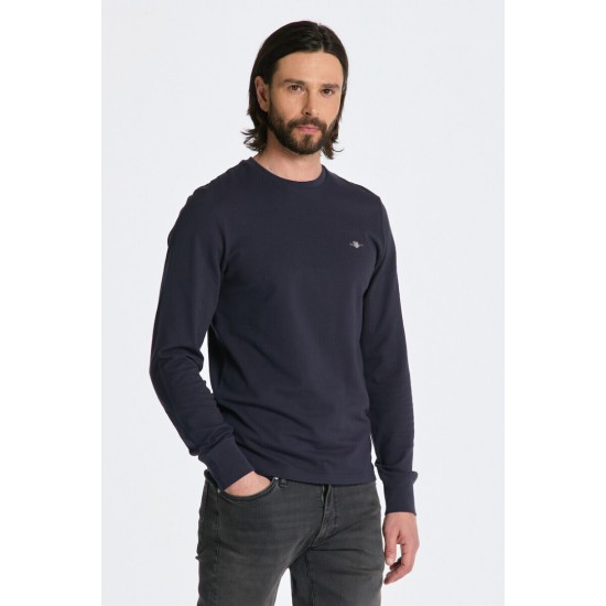 GANT Ανδρικό Βαμβακερό Μακρυμάνικο Pique T-Shirt Στενή Γραμμή 2022143 433 Σκούρο Μπλε
