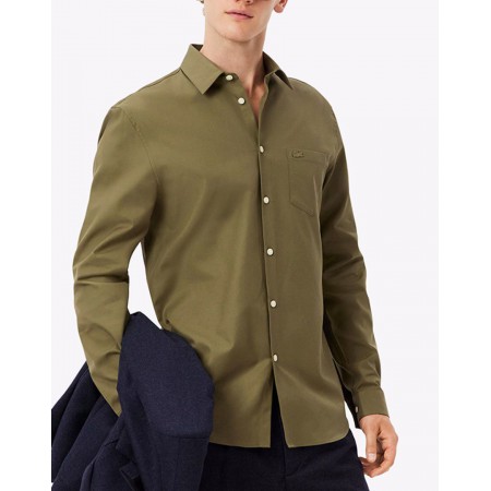 LACOSTE Ανδρικό Βαμβακερό Πουκάμισο Ποπλίνας Κανονική Γραμμή CH8522 00 E9F Λαδί