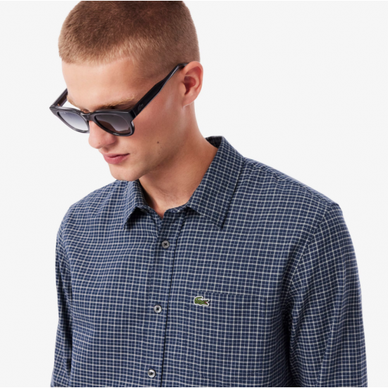 LACOSTE Ανδρικό Βαμβακερό Καρό Πουκάμισο Φανέλας Κανονική Γραμμή CH5093 00 HHW Μπλε