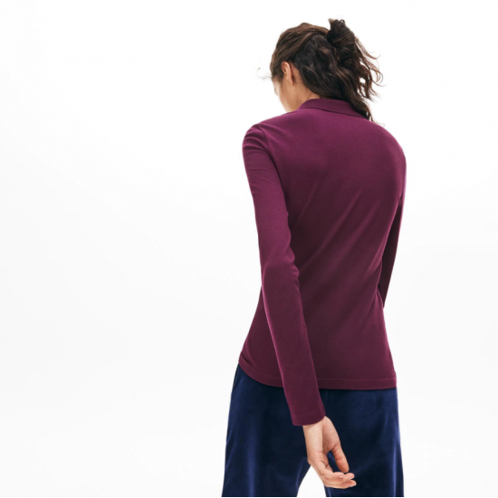 LACOSTE Γυναικεία Ελαστική Βαμβακερή Polo Pique Μπλούζα Στενή Γραμμή PF7841 00 FY5 Μπορντό