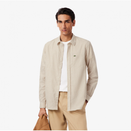 LACOSTE Ανδρικό Βαμβακερό Καρό Πουκάμισο Φανέλας Κανονική Γραμμή CH5093 00 95I Μπεζ