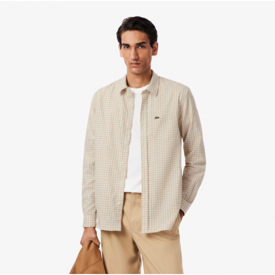 LACOSTE Ανδρικό Βαμβακερό Καρό Πουκάμισο Φανέλας Κανονική Γραμμή CH5093 00 95I Μπεζ