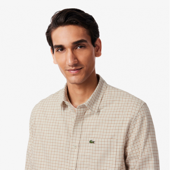 LACOSTE Ανδρικό Βαμβακερό Καρό Πουκάμισο Φανέλας Κανονική Γραμμή CH5093 00 95I Μπεζ