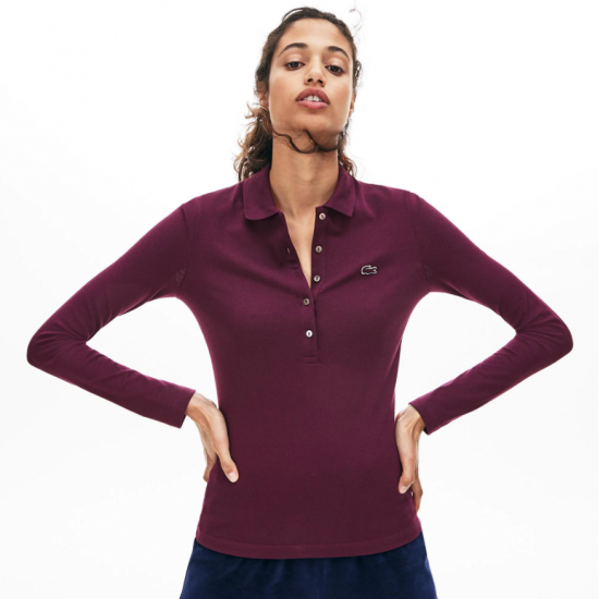 LACOSTE Γυναικεία Ελαστική Βαμβακερή Polo Pique Μπλούζα Στενή Γραμμή PF7841 00 FY5 Μπορντό