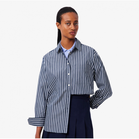 LACOSTE Women's Cotton Poplin Loose Fit Striped Shirt CF0215 00 6GI Blue
