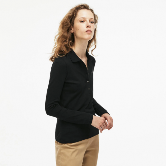 LACOSTE Γυναικεία Ελαστική Βαμβακερή Polo Pique Μπλούζα Στενή Γραμμή PF7841 00 031 Μαύρη