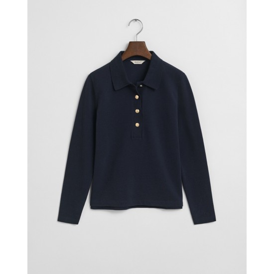 GANT Γυναικείο Βαμβακερό Μακρυμάνικο Pique Polo Κανονική Γραμμή 4202626 433 Σκούρο Μπλε