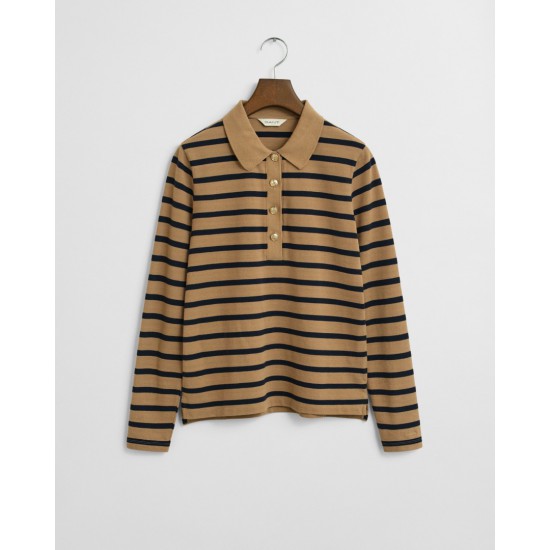 GANT Γυναικείο Βαμβακερό Μακρυμάνικο Ριγέ Breton Pique Polo Κανονική Γραμμή 4202632 213 Μπεζ Μπλε