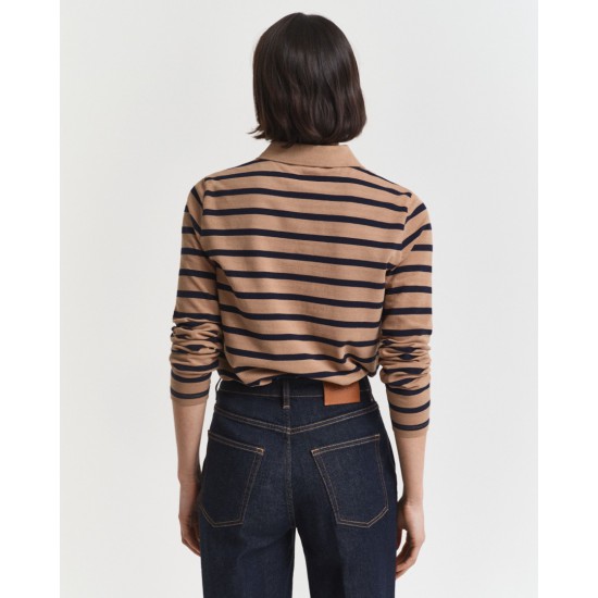 GANT Γυναικείο Βαμβακερό Μακρυμάνικο Ριγέ Breton Pique Polo Κανονική Γραμμή 4202632 213 Μπεζ Μπλε