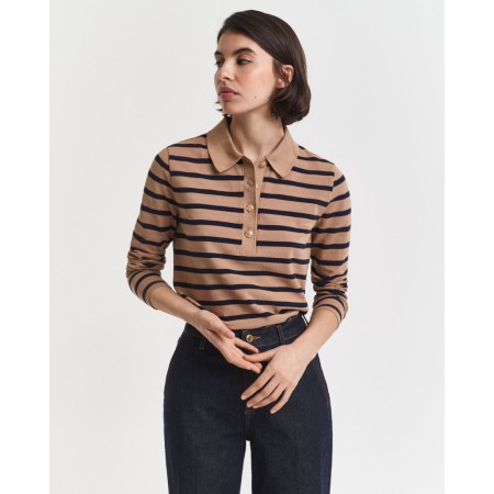 GANT Γυναικείο Βαμβακερό Μακρυμάνικο Ριγέ Breton Pique Polo Κανονική Γραμμή 4202632 213 Μπεζ Μπλε