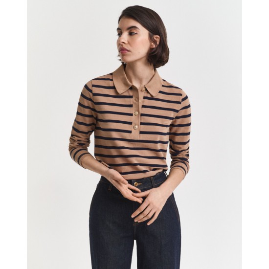 GANT Γυναικείο Βαμβακερό Μακρυμάνικο Ριγέ Breton Pique Polo Κανονική Γραμμή 4202632 213 Μπεζ Μπλε