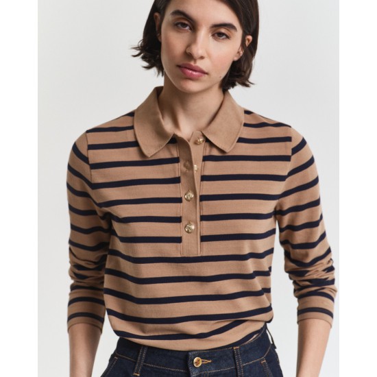GANT Γυναικείο Βαμβακερό Μακρυμάνικο Ριγέ Breton Pique Polo Κανονική Γραμμή 4202632 213 Μπεζ Μπλε