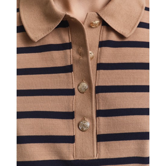 GANT Γυναικείο Βαμβακερό Μακρυμάνικο Ριγέ Breton Pique Polo Κανονική Γραμμή 4202632 213 Μπεζ Μπλε