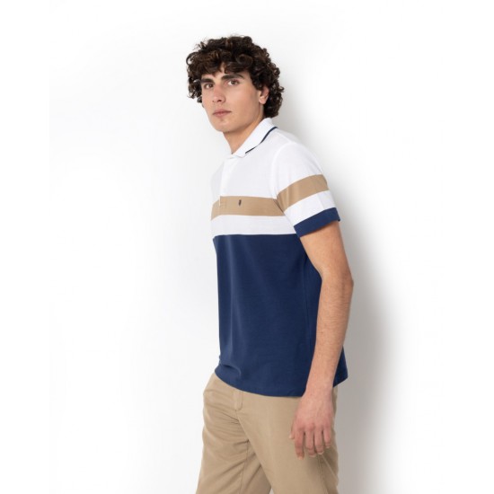 THE BOSTONIANS Ανδρικό Βαμβακερό Bold Stripped Polo Pique Κανονική Γραμμή PS4464 B166NV Λευκό Μπλε Μπεζ