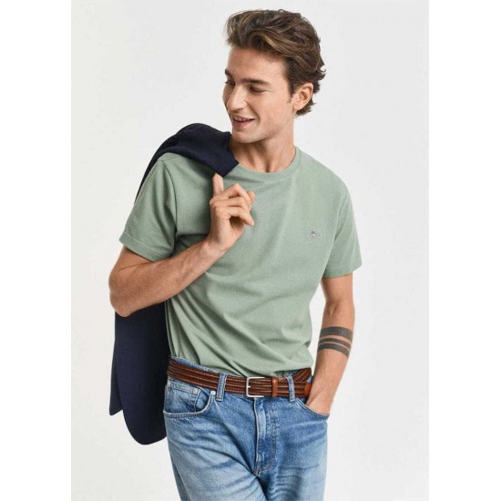GANT Ανδρικό Βαμβακερό T-Shirt Pique Στενή Γραμμή 2013033 379 Πράσινο Χακί