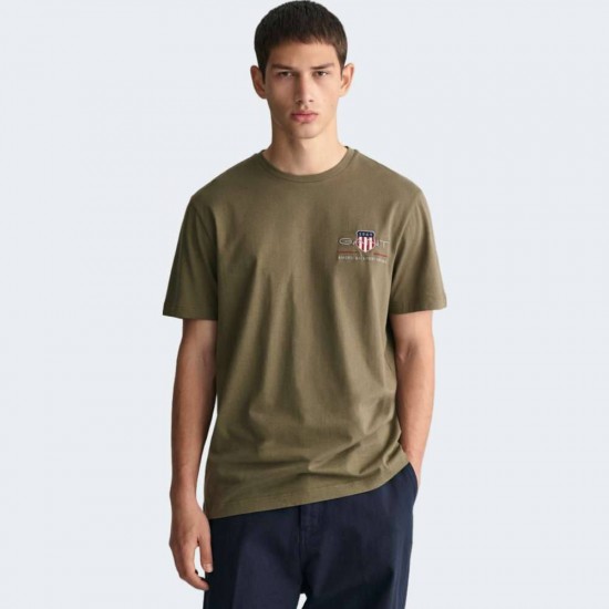 GANT Men's Cotton Regular Fit Archive Chest Print T-Shirt 2067004 379 Dry Herb Green