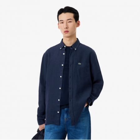 LACOSTE Ανδρικό Λινό Πουκάμισο Κανονική Γραμμή CH5692 00 166 Σκούρο Μπλε