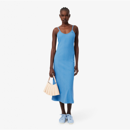 LACOSTE Γυναικείο Βαμβακερό Μακρύ Ριμπ Φόρεμα Στενή Γραμμή EF0966 00 776 Γαλάζιο