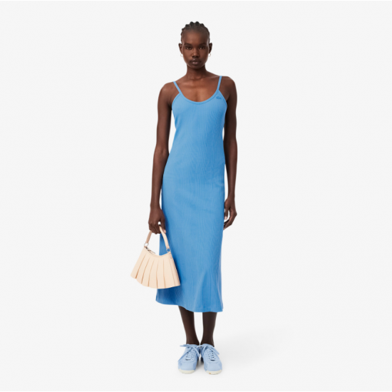 LACOSTE Γυναικείο Βαμβακερό Μακρύ Ριμπ Φόρεμα Στενή Γραμμή EF0966 00 776 Γαλάζιο