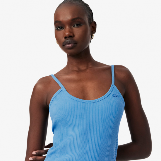 LACOSTE Γυναικείο Βαμβακερό Μακρύ Ριμπ Φόρεμα Στενή Γραμμή EF0966 00 776 Γαλάζιο