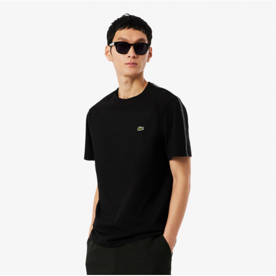 LACOSTE Ανδρικό Βαμβακερό T-Shirt Shoulder Stripe Κανονική Γραμμή TH0888 00 031 Μαύρο