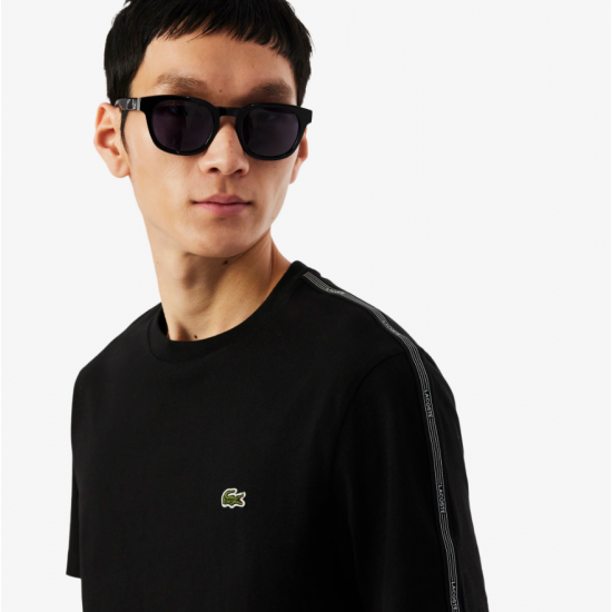 LACOSTE Ανδρικό Βαμβακερό T-Shirt Shoulder Stripe Κανονική Γραμμή TH0888 00 031 Μαύρο