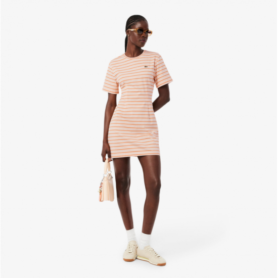 LACOSTE Γυναικείο Βαμβακερό Ριγέ Φόρεμα T-Shirt Στενή Γραμμή EF0263 00 4AW Ροζ